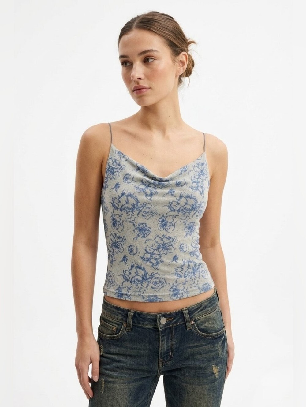 XOXO Y2K Blue Tank Top Cowl Neck Floral Embroidered  Women's Medium